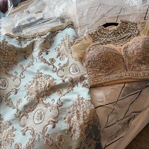 Jovani Blue and Gold Embellished Prom Dress